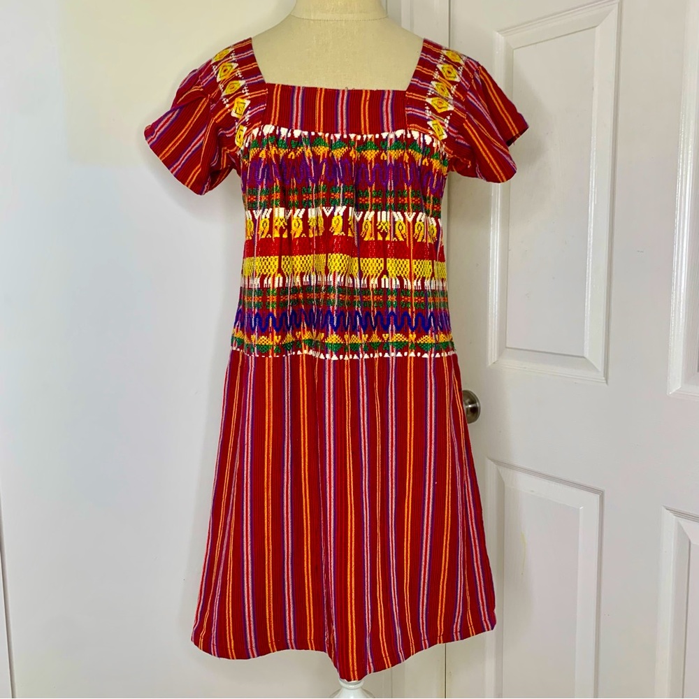 VINTAGE Red Colorful Guatemalan Embroidered Woven Textile Mini Dress size XS/Sm